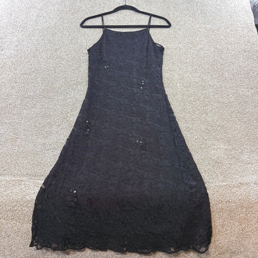 Angie Womens Black Floral Lace Sequin Spaghetti Strap Scoop Back Maxi Dress L